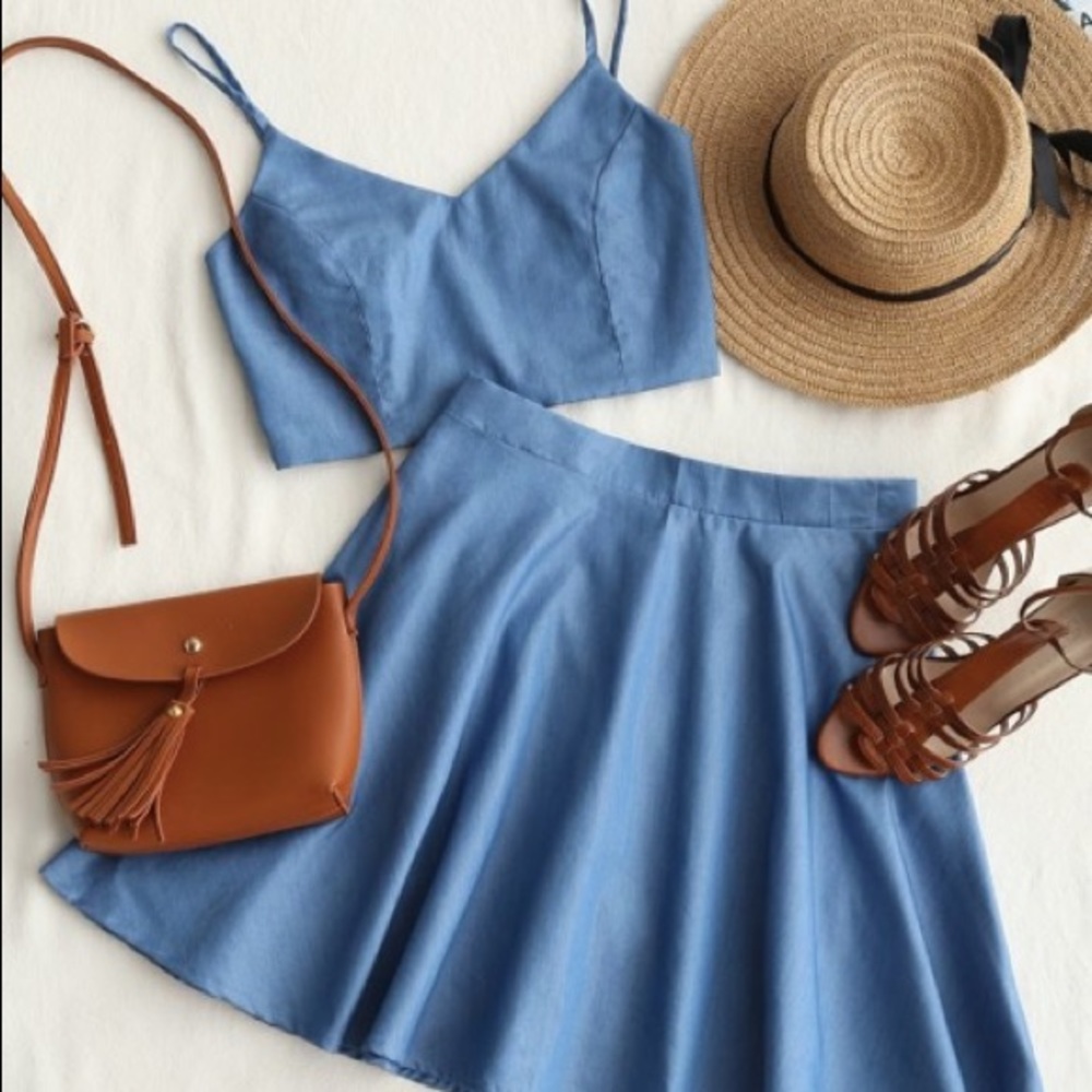 Smocked crop cami top and skirt set in denim blue